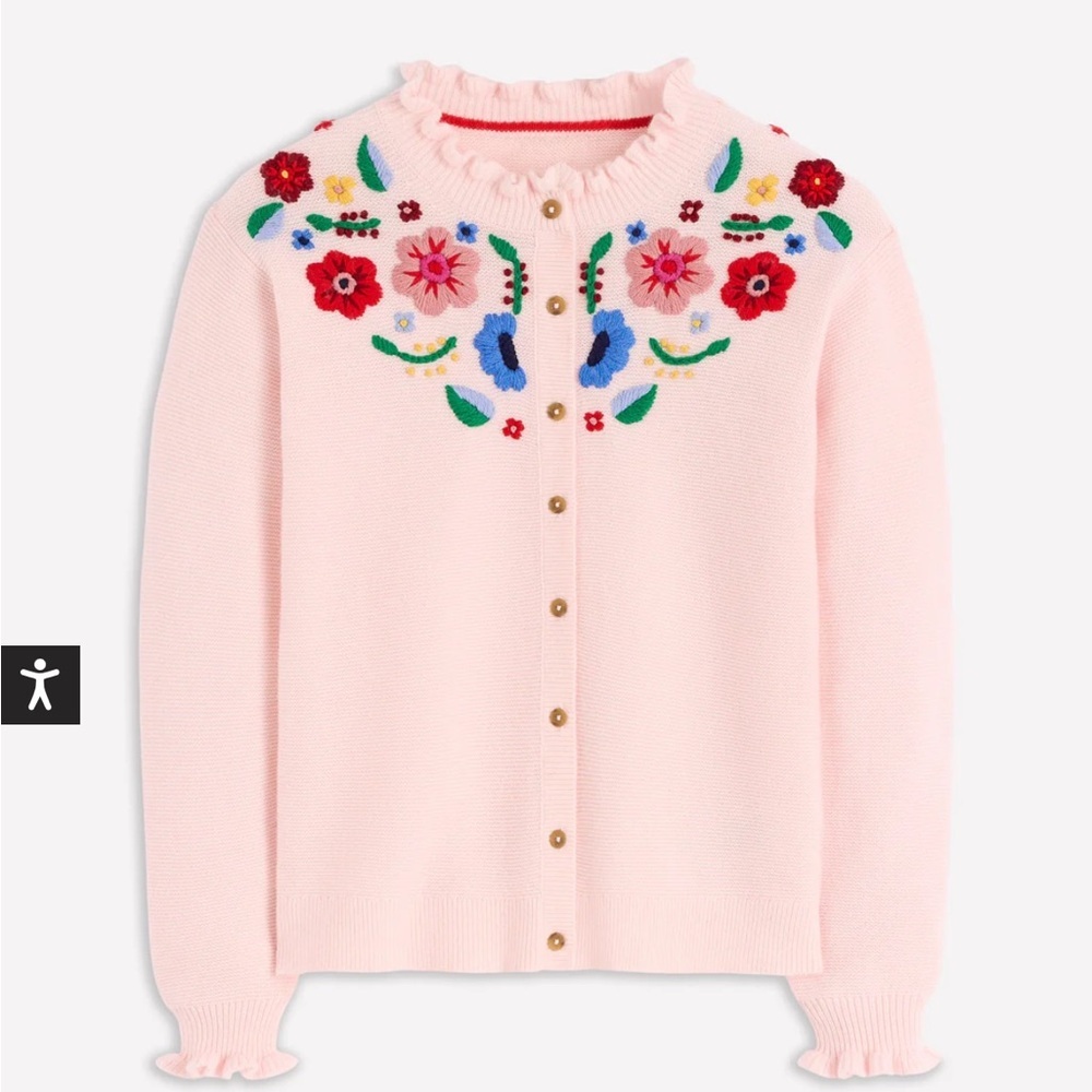 BODEN embroidered frill knit sweater cardigan blooming pink size large - Picture 3 of 16